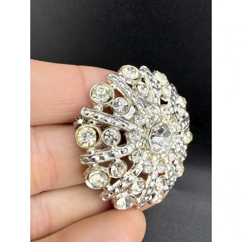 Vintage Rhinestone Brooch Pin Lot 3 Maple Leaf Swirl Dome Silver Tone
